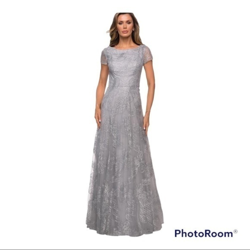 LA FEMME SILVER A-LINE TULLE AND SEQUIN GOWN WITH FLORAL DESIGN